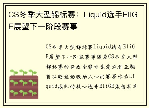 CS冬季大型锦标赛：Liquid选手EliGE展望下一阶段赛事